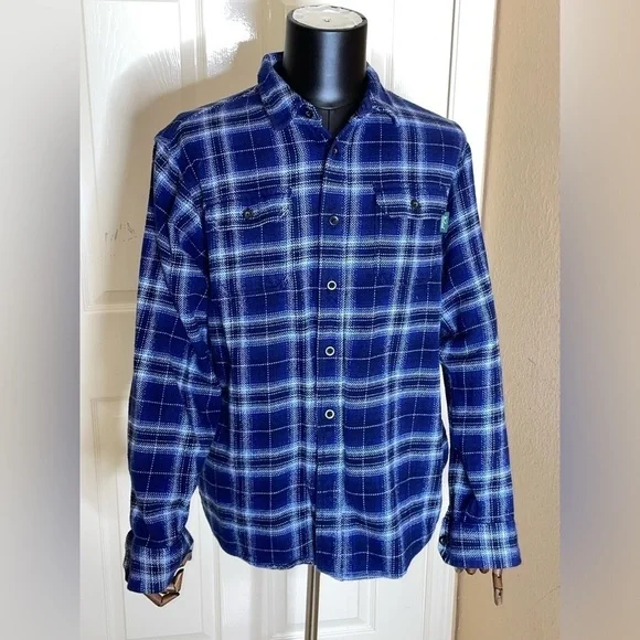 Woolrich Shirt Mens L Heavyweight Brushed Cotton Brawny Flannel Blue Plaid‌‌‌‌ - Picture 10 of 10